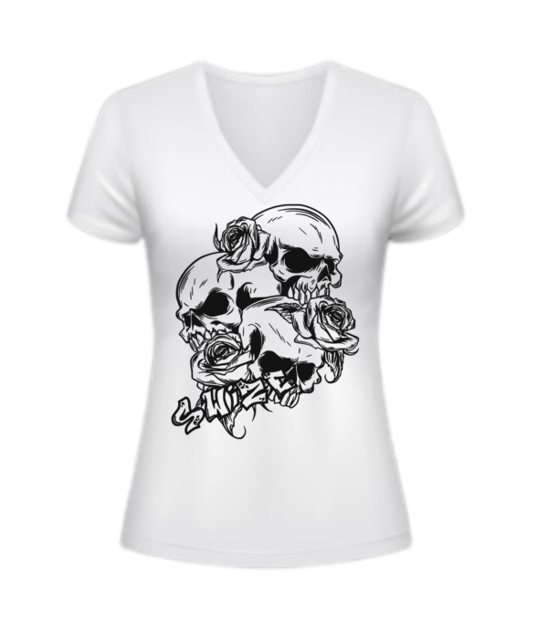 Womens v-neck (plus size) White Tri-Skull