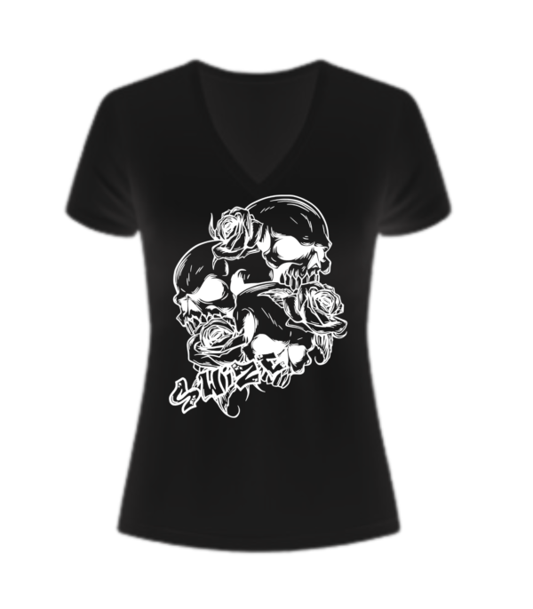 Womens v-neck (plus size) Black Tri-Skull (with side Swize) - Image 2