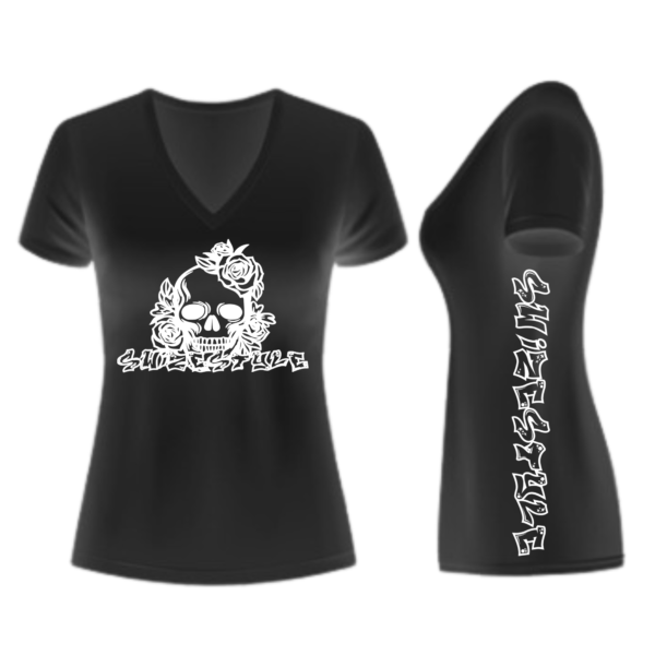 Womens v-neck (plus size) Black Single-Skull (with side Swize)