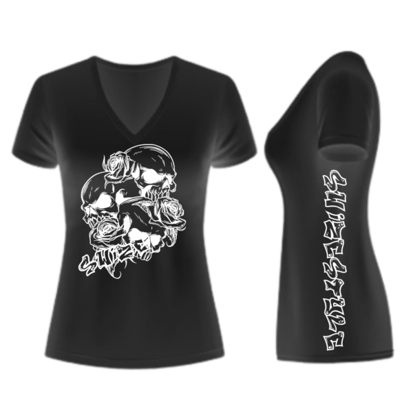 Womens v-neck (plus size) Black Tri-Skull (with side Swize)