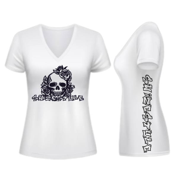 Womens v-neck (plus size) White Single-Skull (with side Swize)