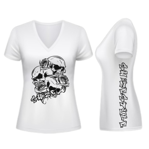 Womens v-neck (plus size) White Tri-Skull (with side Swize)